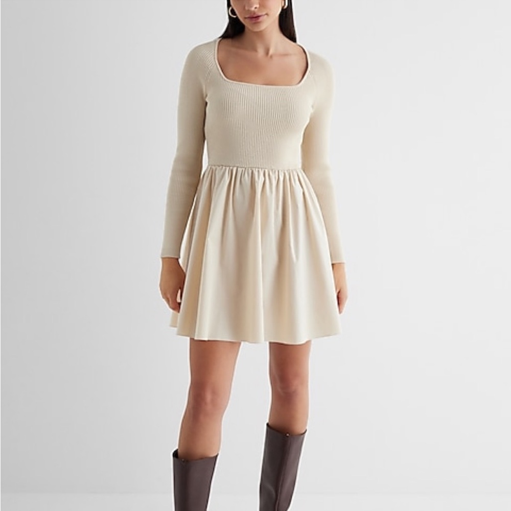 Express Ribbed Square Neck Poplin Mini Fit
and Flare Dress